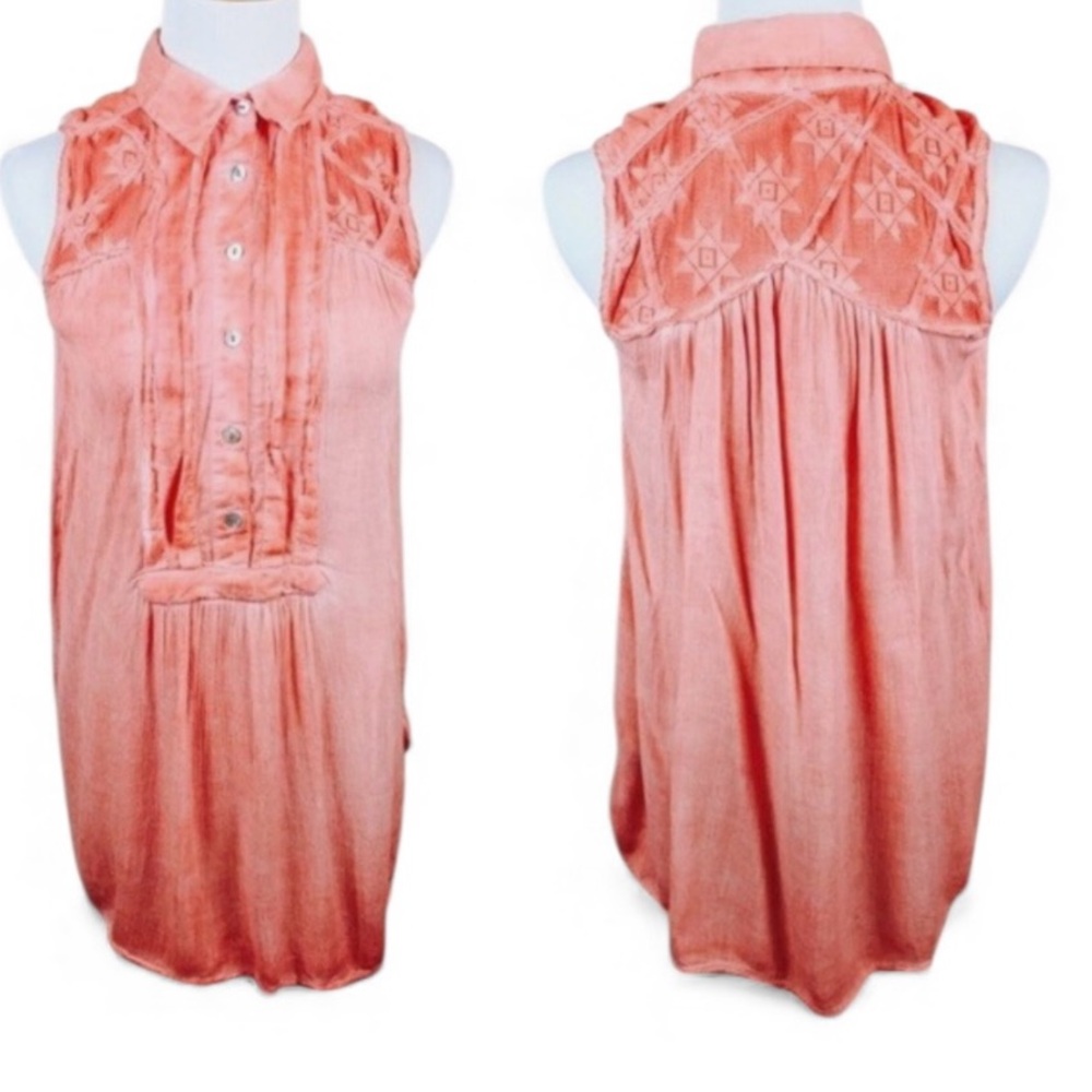 Free People women’s short sleeve collared button coral acid washed popover tunic